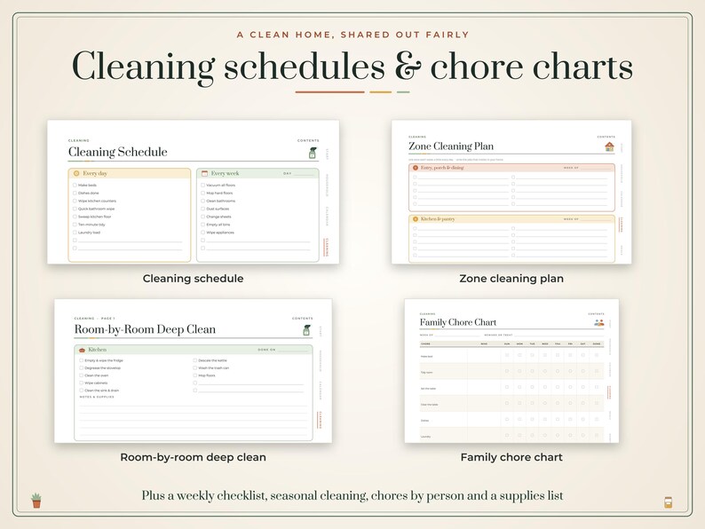 Puede incluir: Un documento digital titulado Cleaning schedules & chore charts que presenta cuatro plantillas: Cleaning Schedule, Zone Cleaning Plan, Room-by-Room Deep Clean y Family Chore Chart, con listas para tareas diarias y semanales.