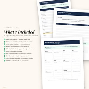 May include: A collection of printable financial planning documents. The image shows a "What's Included" list with items like a sinking funds overview, calculator, and expense calendar. The documents are in US Letter and A4 sizes, in full color and low-ink.
