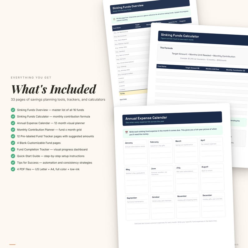 May include: A collection of printable financial planning documents. The image shows a "What's Included" list with items like a sinking funds overview, calculator, and expense calendar. The documents are in US Letter and A4 sizes, in full color and low-ink.