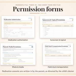 May include: A set of four printable permission forms titled Medication Authorization, Sunscreen & Topical Permission, Photo & Media Permission, and Field Trip & Transportation Permission. The forms feature white backgrounds with black text and light colored accents.