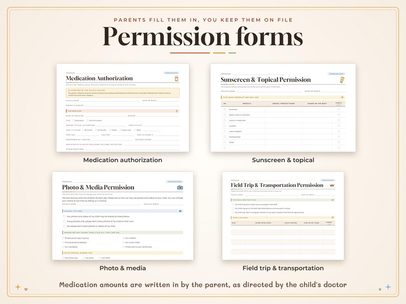 May include: A set of four printable permission forms titled Medication Authorization, Sunscreen & Topical Permission, Photo & Media Permission, and Field Trip & Transportation Permission. The forms feature white backgrounds with black text and light colored accents.