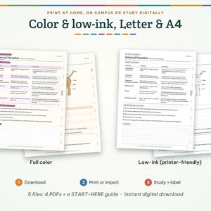 May include: A digital study guide titled Internal Parasites, presented in two versions: a full-colour layout with purple accents and a low-ink, printer-friendly black and white version. Both sheets feature tables and diagrams for educational use.