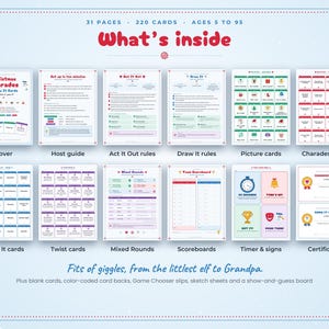 May include: A Christmas Charades and Draw It game set featuring 31 pages and 220 cards. The display shows a cover, host guide, rules, picture cards, charades cards, draw it cards, twist cards, mixed rounds, scoreboards, timer signs, and certificates.