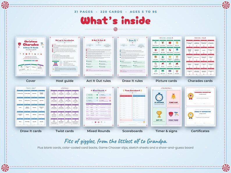 May include: A Christmas Charades and Draw It game set featuring 31 pages and 220 cards. The display shows a cover, host guide, rules, picture cards, charades cards, draw it cards, twist cards, mixed rounds, scoreboards, timer signs, and certificates.