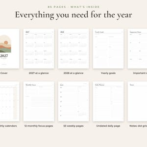May include: An 85-page planner featuring a cover with an arched landscape illustration, 2027 and 2028 calendars, yearly goals, important dates, 12 monthly calendars, 12 monthly focus pages, 53 weekly pages, undated daily pages, and dot grid notes.