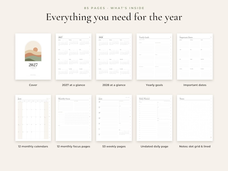 May include: An 85-page planner featuring a cover with an arched landscape illustration, 2027 and 2028 calendars, yearly goals, important dates, 12 monthly calendars, 12 monthly focus pages, 53 weekly pages, undated daily pages, and dot grid notes.