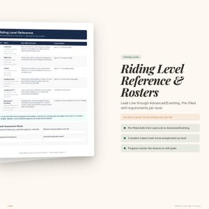 Pu&ograve; includere: Un documento color crema intitolato "Riding Level Reference & Rosters" con un elenco di livelli di equitazione e requisiti di abilit&agrave;. Il documento include testo e punti elenco che evidenziano le funzionalit&agrave;.