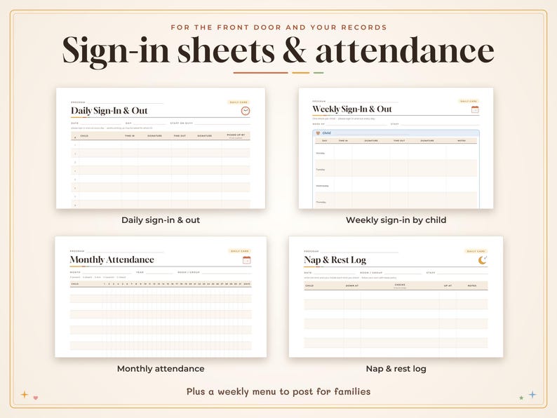 May include: A set of four printable sign-in sheets and attendance logs featuring the text Sign-in sheets & attendance, Daily Sign-In & Out, Weekly Sign-In & Out, Monthly Attendance, and Nap & Rest Log with organized columns and rows.