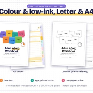 May include: An Adult ADHD Workbook digital download featuring full-color and low-ink versions. The cover displays sticky notes labeled my brain, tasks, focus, feelings, time, routines, and wins, with a clock icon and the title Adult ADHD Workbook.