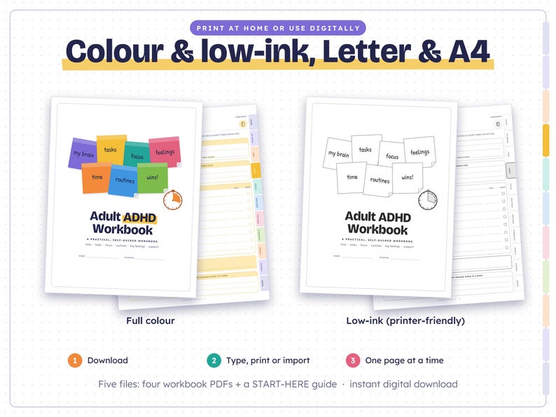 May include: An Adult ADHD Workbook digital download featuring full-color and low-ink versions. The cover displays sticky notes labeled my brain, tasks, focus, feelings, time, routines, and wins, with a clock icon and the title Adult ADHD Workbook.