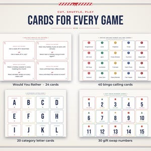 Puede incluir: Un conjunto de tarjetas de juego navide&ntilde;as imprimibles con cuatro secciones distintas: 24 tarjetas de Would You Rather, 40 tarjetas de bingo, 20 tarjetas de letras de categor&iacute;as y 30 tarjetas de n&uacute;meros para intercambio de regalos con texto rojo y azul.