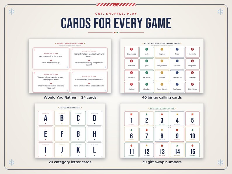 Puede incluir: Un conjunto de tarjetas de juego navide&ntilde;as imprimibles con cuatro secciones distintas: 24 tarjetas de Would You Rather, 40 tarjetas de bingo, 20 tarjetas de letras de categor&iacute;as y 30 tarjetas de n&uacute;meros para intercambio de regalos con texto rojo y azul.