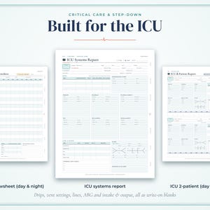 May include: A set of three white medical report templates titled Built for the ICU. The documents include an ICU Hourly Flowsheet, an ICU Systems Report, and an ICU 2-Patient Report, all featuring structured grids, blank lines, and sections for patient data.