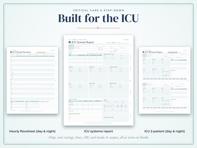 May include: A set of three white medical report templates titled Built for the ICU. The documents include an ICU Hourly Flowsheet, an ICU Systems Report, and an ICU 2-Patient Report, all featuring structured grids, blank lines, and sections for patient data.