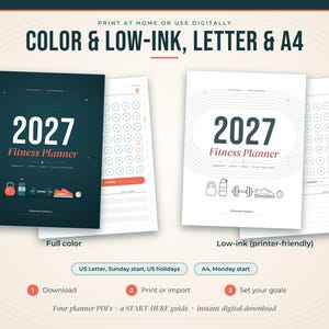 Pode incluir: Um conjunto de planejadores de fitness 2027 para download digital, com vers&otilde;es coloridas e de baixo consumo de tinta. A capa exibe o texto 2027 Fitness Planner com &iacute;cones de um kettlebell, garrafa de &aacute;gua, haltere e t&ecirc;nis em formato A4.