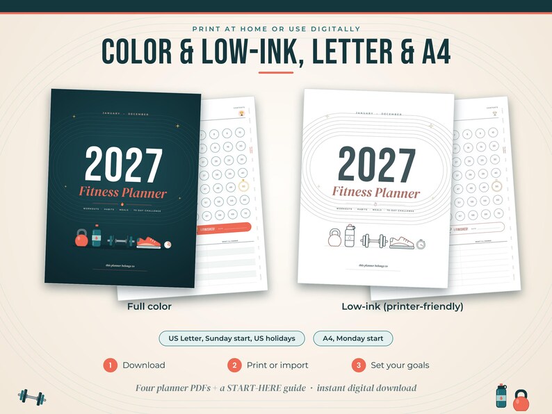 Pode incluir: Um conjunto de planejadores de fitness 2027 para download digital, com vers&otilde;es coloridas e de baixo consumo de tinta. A capa exibe o texto 2027 Fitness Planner com &iacute;cones de um kettlebell, garrafa de &aacute;gua, haltere e t&ecirc;nis em formato A4.
