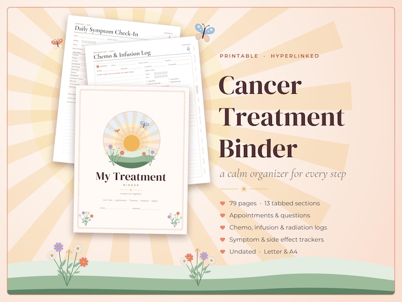 May include: A printable Cancer Treatment Binder with 79 pages and 13 tabbed sections. The cover features a sun and flower illustration with the text My Treatment Binder. Includes logs for chemo, infusion, radiation, and symptom tracking in letter size.