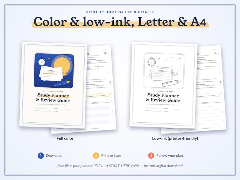 May include: A digital study planner and review guide set featuring two versions: a full-color version with blue and yellow graphics and a low-ink black and white version. Both include the text Study Planner & Review Guide, with instructions to print at home or use digitally, and a three-step process for downloading, printing or typing, and following the plan.