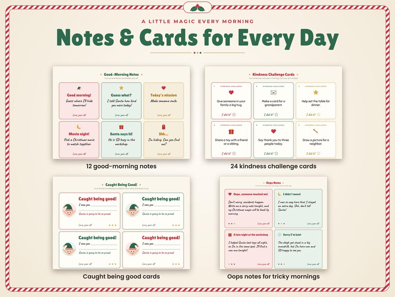 May include: A collection of printable cards titled A Little Magic Every Morning, Notes & Cards for Every Day. Includes 12 Good-Morning Notes, 24 Kindness Challenge Cards, Caught Being Good cards, and Oops Notes for tricky mornings with festive text.