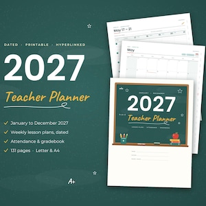 K&ouml;nnte beinhalten: Ein digitaler 2027 Lehrerplaner mit einem dunkelgr&uuml;nen Tafel-Design auf dem Deckblatt, verziert mit einem roten Apfel, B&uuml;chern und Stiften. Der Planer enth&auml;lt datierte w&ouml;chentliche Unterrichtspl&auml;ne, Anwesenheitslisten und Notenhefte.