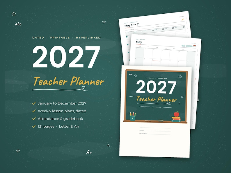K&ouml;nnte beinhalten: Ein digitaler 2027 Lehrerplaner mit einem dunkelgr&uuml;nen Tafel-Design auf dem Deckblatt, verziert mit einem roten Apfel, B&uuml;chern und Stiften. Der Planer enth&auml;lt datierte w&ouml;chentliche Unterrichtspl&auml;ne, Anwesenheitslisten und Notenhefte.