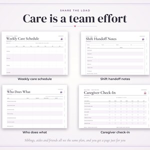 May include: A set of four printable care planning templates with a light purple border. The pages are titled Weekly Care Schedule, Shift Handoff Notes, Who Does What, and Caregiver Check-In. The text Care is a team effort is centered at the top.