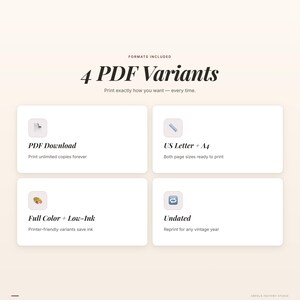 May include: An image with the text "4 PDF Variants" and the phrase "Print exactly how you want - every time." Four white rectangular boxes display options: PDF Download, US Letter + A4, Full Color + Low-Ink, and Undated.