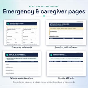 May include: A set of four printable emergency and caregiver pages featuring sections for emergency wallet cards, caregiver quick-reference, where records are kept, and hospital and ER visits. The documents have dark blue headers and white backgrounds.