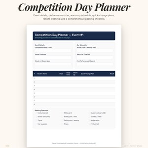 Op de afbeelding: Een witte Competition Day Planner met de titel bovenaan. De planner bevat secties voor evenementdetails, schema, rou namen en een paklijst. De tekst bevat "Competition Day Planner - Event #1".