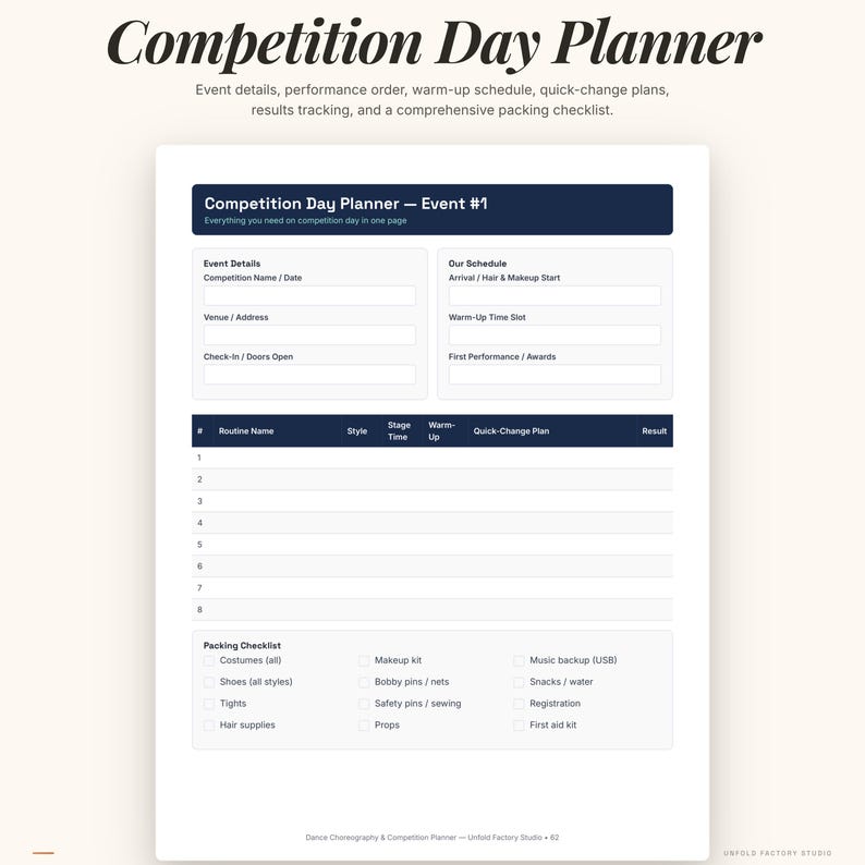Competition Day Routine Dance Competition Planner Printable | Choreography Organizer | Routine ...