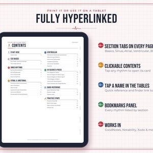May include: A digital tablet displaying a fully hyperlinked ECG reference guide with a contents page. The screen shows sections for ECG basics, sinus rhythms, atrial and junctional, ventricular, AV blocks and paced, and practice strips.