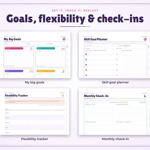 May include: A digital planner layout featuring four distinct sections titled My Big Goals, Skill Goal Planner, Flexibility Tracker, and Monthly Check-In. The design uses a white background with dark purple text, colourful accents, and organised fields for tracking personal progress and goal setting.