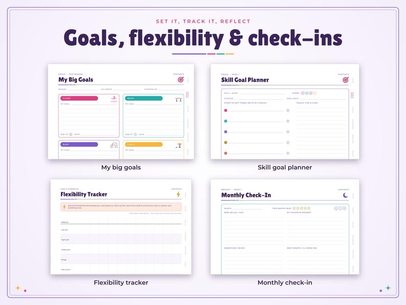 May include: A digital planner layout featuring four distinct sections titled My Big Goals, Skill Goal Planner, Flexibility Tracker, and Monthly Check-In. The design uses a white background with dark purple text, colourful accents, and organised fields for tracking personal progress and goal setting.