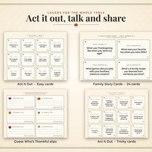 May include: A set of printable activity cards featuring four distinct sections: Act It Out Easy cards, Family Story Cards, Guess Who's Thankful slips, and Act It Out Tricky cards. The cards are cream-colored with dark text and orange accents.