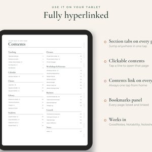 May include: A digital tablet displaying a contents page for a planner with the text "Fully hyperlinked" and "USE IT ON YOUR TABLET" at the top. The screen shows sections for Teaching, Calendar, Classes, Library, Students, Privates, Workshops & Retreats, Business, Growth, and Notes.