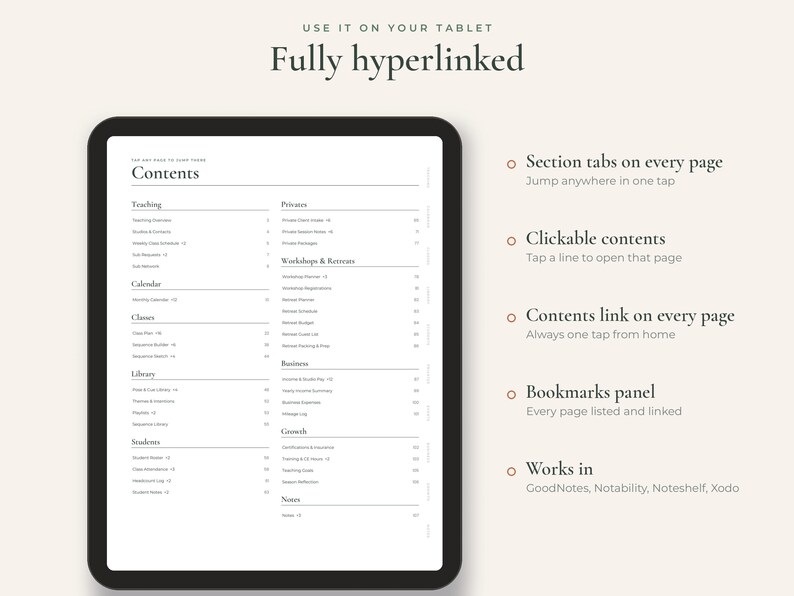May include: A digital tablet displaying a contents page for a planner with the text "Fully hyperlinked" and "USE IT ON YOUR TABLET" at the top. The screen shows sections for Teaching, Calendar, Classes, Library, Students, Privates, Workshops & Retreats, Business, Growth, and Notes.