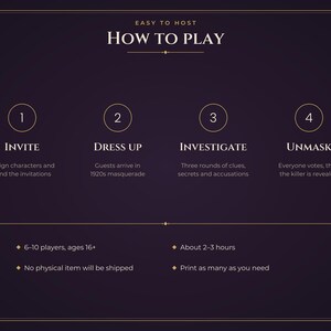 May include: A dark purple instructional graphic titled Easy to Host How to Play. It outlines four steps: 1 Invite, 2 Dress Up, 3 Investigate, and 4 Unmask. It specifies 6-10 players, ages 16+, a duration of 2-3 hours, and digital delivery.