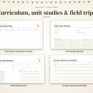 May include: A digital planner set featuring four distinct templates titled Curriculum Map, Unit Study Planner, Field Trip Planner, and Co-op, Classes & Activities. Each page includes organized sections, tables, and checklists for educational planning.