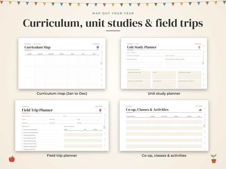 May include: A digital planner set featuring four distinct templates titled Curriculum Map, Unit Study Planner, Field Trip Planner, and Co-op, Classes & Activities. Each page includes organized sections, tables, and checklists for educational planning.