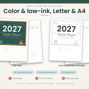K&ouml;nnte beinhalten: Ein digitaler 2027 Lehrerplaner zum Herunterladen, bestehend aus einer farbigen Version mit Tafelgrafik und einer tintensparenden Version. Das Deckblatt zeigt den Text 2027 Teacher Planner sowie Symbole von Stiften, einem Apfel und B&uuml;chern.