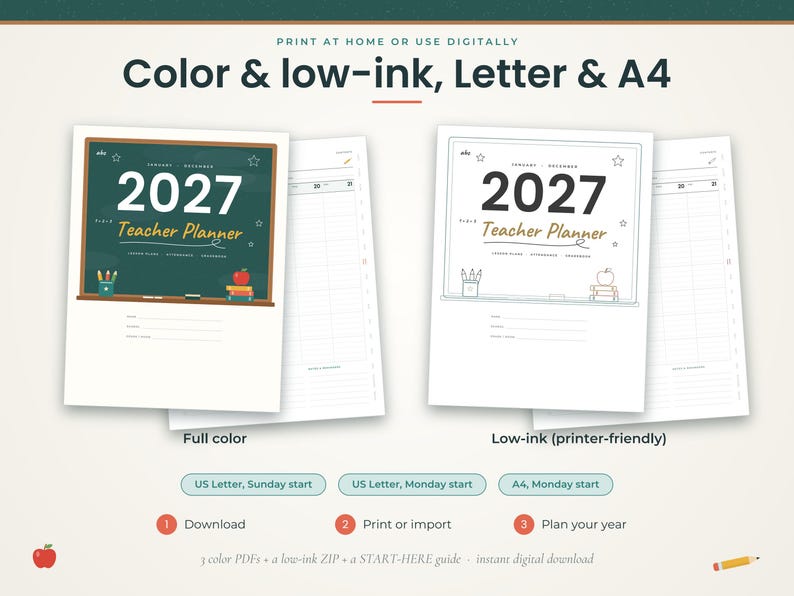 K&ouml;nnte beinhalten: Ein digitaler 2027 Lehrerplaner zum Herunterladen, bestehend aus einer farbigen Version mit Tafelgrafik und einer tintensparenden Version. Das Deckblatt zeigt den Text 2027 Teacher Planner sowie Symbole von Stiften, einem Apfel und B&uuml;chern.
