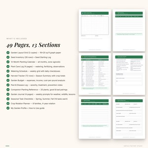 May include: A digital gardening planner with 49 pages and 13 sections. Features a garden layout grid, seed inventory, 12-month planting calendar, plant care log, watering schedule, harvest tracker, garden budget, pest & disease log, and more. The text "WHAT'S INCLUDED" is at the top.