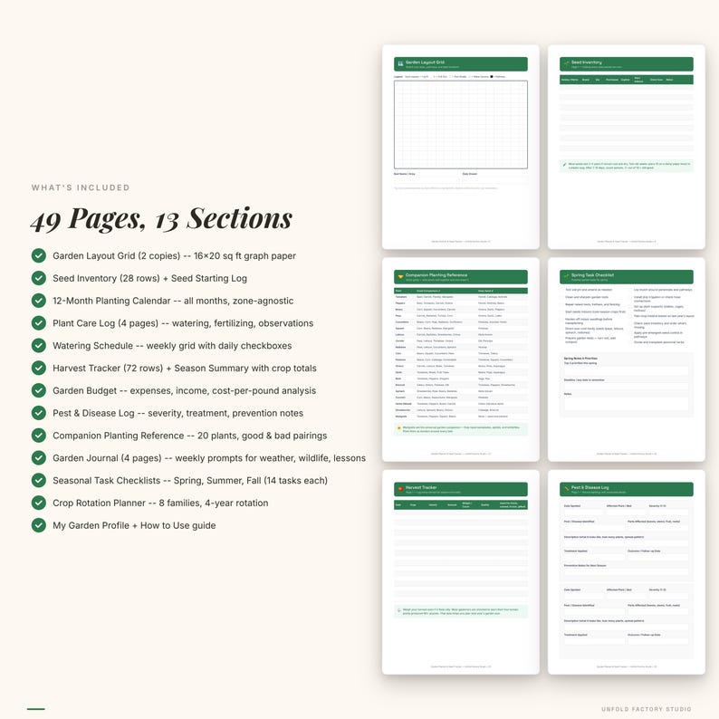 May include: A digital gardening planner with 49 pages and 13 sections. Features a garden layout grid, seed inventory, 12-month planting calendar, plant care log, watering schedule, harvest tracker, garden budget, pest & disease log, and more. The text "WHAT'S INCLUDED" is at the top.