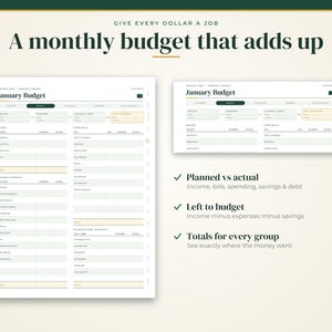 May include: A digital monthly budget planner template featuring the text Give Every Dollar A Job and A monthly budget that adds up. The layout includes sections for income, fixed bills, variable spending, savings, debt, and totals for every group.
