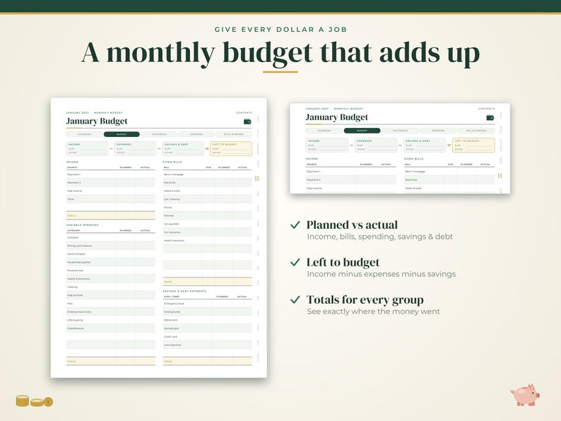 May include: A digital monthly budget planner template featuring the text Give Every Dollar A Job and A monthly budget that adds up. The layout includes sections for income, fixed bills, variable spending, savings, debt, and totals for every group.