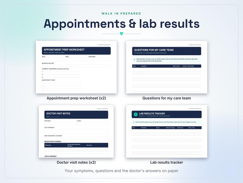 May include: A set of medical organization worksheets titled Walk In Prepared, Appointments & Lab Results. Includes Appointment Prep Worksheet, Questions For My Care Team, Doctor Visit Notes, and Lab Results Tracker with dark blue headers.
