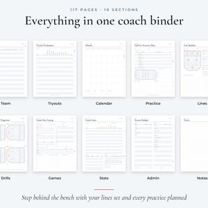 May include: A 117-page coach binder with 10 sections including Player Roster, Tryout Evaluation, Calendar, Practice Plan, Line Builder, Drill Diagrams, Game Day Lineup, Game Stats, Season Budget, and Notes. Text reads: Everything in one coach binder.