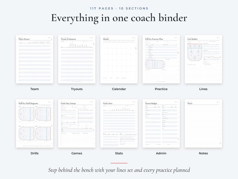 May include: A 117-page coach binder with 10 sections including Player Roster, Tryout Evaluation, Calendar, Practice Plan, Line Builder, Drill Diagrams, Game Day Lineup, Game Stats, Season Budget, and Notes. Text reads: Everything in one coach binder.