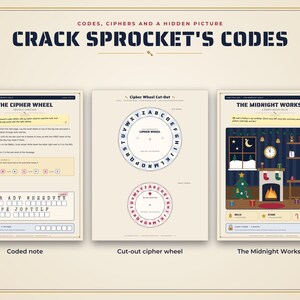K&ouml;nnte beinhalten: Ein Set aus drei p&auml;dagogischen Arbeitsbl&auml;ttern mit dem Titel Crack Sprocket's Codes, bestehend aus einer Seite mit codierten Notizen, einem ausschneidbaren Chiffrier-Rad mit den Buchstaben A bis Z und einer weihnachtlichen Grafik.