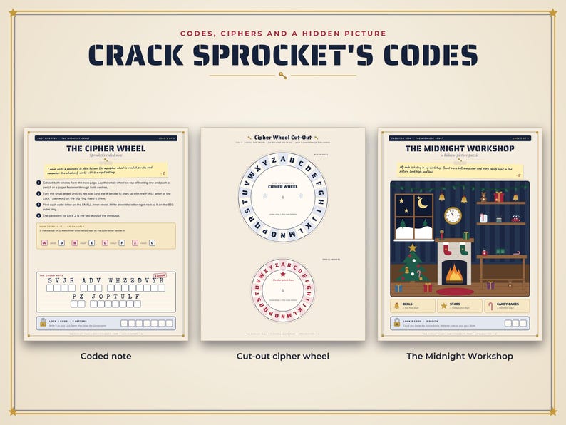 K&ouml;nnte beinhalten: Ein Set aus drei p&auml;dagogischen Arbeitsbl&auml;ttern mit dem Titel Crack Sprocket's Codes, bestehend aus einer Seite mit codierten Notizen, einem ausschneidbaren Chiffrier-Rad mit den Buchstaben A bis Z und einer weihnachtlichen Grafik.